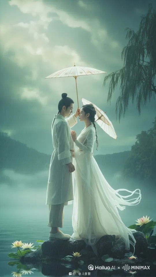许仙从边入画，白素贞从右边入画。天降大雨，许仙与白素贞一起撑伞。白素贞施法验许仙前生定姻缘。白素贞开心地笑了，他们相拥在一起，雨过天晴。 by Hailuo AI Video Generator