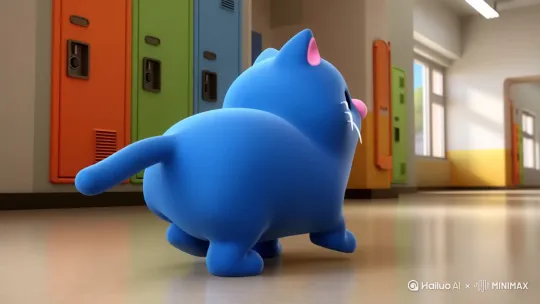 3D动画风格，画面主体是一只蓝色的胖猫，耳朵内侧为粉色，有着白色的胡须和粉色的鼻子，在学校里走路 by Hailuo AI Video Generator