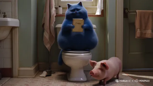 生成一个蓝色的胖猫在上厕所还拿着一本日记本上面写的周五旁边有一只小猪哭着脸 by Hailuo AI Video Generator