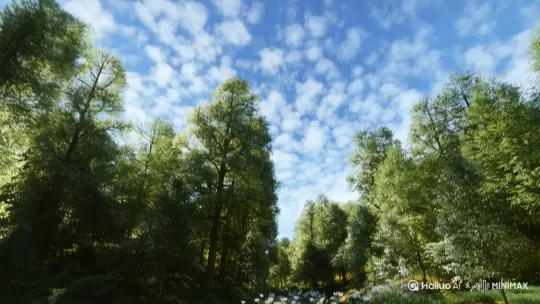 舒缓的音乐中，镜头从一片湛蓝的天空缓缓下移，掠过洁白如棉的云朵。接着，以平稳的速度滑向一片宁静的森林，穿梭在郁郁葱葱的树木间，光影斑驳。

来到森林深处，镜头贴近地面，聚焦在一丛绽放的野花上，花瓣上的露珠晶莹剔透。随后镜头上扬，展现森林中的一条清澈小溪，顺着水流方向移动，看着溪水潺潺流淌，水底的石头和游动的小鱼清晰可见。

镜头再缓缓拉远，从森林上方俯瞰，翠绿的森林与蜿蜒的溪流构成一幅绝美画卷，最终镜头渐渐模糊虚化 by Hailuo AI Video Generator
