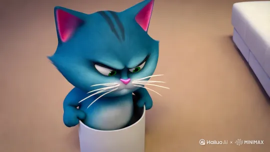 3D动画风格，画面主体是一只蓝色的胖猫，耳朵内侧为粉色，有着白色的胡须和粉色的鼻子，表情显得生气或厌恶，双眼瞪大，嘴巴微抿 。它站在一个浅色平面上，身后是浅棕色的背景墙，右侧隐约可见一部分白色的沙发 。然后将一团纸直丢进了垃圾桶 by Hailuo AI Video Generator