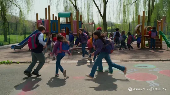 一群小学生[左移,推进,右摇]拿着几根棍子背着书包 堵一群幼儿园的小朋友 [上升]他们开始大战 [晃动]幼儿园小朋友输掉了 [变焦推进]被小学生抢走了钱财 [左摇,变焦推进]幼儿园幼儿园小朋友大哭 小学生笑着离开 [跟随] by Hailuo AI Video Generator