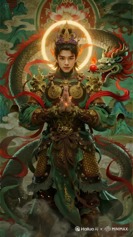 镜头逐渐拉远，参考图中的龙游动着变成人物手中的弓箭，人物侧身蹲下拉开弓搭上箭射天上的太阳，参考中国神话后羿射日， by Hailuo AI Video Generator