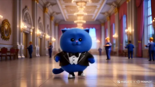 做做一个蓝色的猫，在舞会中跳舞，跳完舞之后去到饭店里吃炸鸡 by Hailuo AI Video Generator