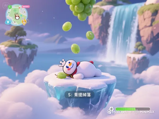 以这张图为首镜头，生成一个蜜雪冰城的雪王游戏多机位拍摄视频，蜜雪冰城的雪王用青提果汁浇花，雪王回到云层青提果汁泳池游泳，欢快氛围，要求有8个连贯的分镜，分镜脚本结构为：景别，视角，运镜，画面内容，镜头切换固定硬切 by Hailuo AI Video Generator