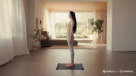 电影感8K视频：30岁中国气质美女，黑色长发光脚练瑜伽，修身瑜伽服显大长腿。全景展现代简约家居（自然光），镜头丝滑推近至面部特写，表情专注体式标准（如树式）。超写实，浅景深虚化背景，暖色柔光，动作流畅宁静 by Hailuo AI Video Generator