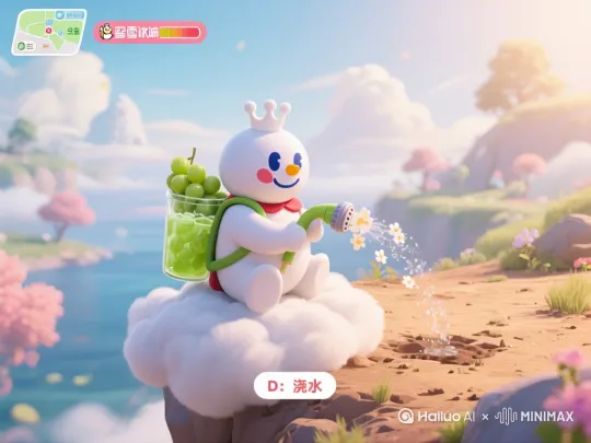 以这张图为首镜头，生成一个蜜雪冰城的雪王动画游戏多机位拍摄视频，欢快氛围，要求有8个连贯的分镜，分镜脚本结构为：景别，视角，运镜，画面内容，镜头切换固定硬切 by Hailuo AI Video Generator