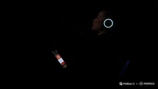 黑暗中手机屏幕光点闪烁，女主角戴着未来感耳机闭眼聆听，突然被“叮咚”消息声唤醒，睁眼时舞台灯光如电流般亮起，女主角身着全息投影连衣裙
运镜：低角度仰拍，环绕镜头从下往上环绕女主角，展现环境变化 by Hailuo AI Video Generator