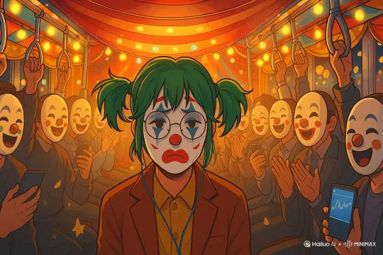 我挤在早高峰的地铁车厢，每个乘客脸上都戴着一张笑面具，有人刷短视频狂笑，有人盯着股票暴涨暴跌。我看着他们，耳机里播放着《Send in the Clowns》。车厢忽然变成了马戏团，灯光旋转，人们开始拍手鼓掌，而我成为舞台中心的小丑。 by Hailuo AI Video Generator