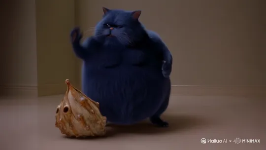 蓝色能站的胖猫在对一个海螺骂 by Hailuo AI Video Generator
