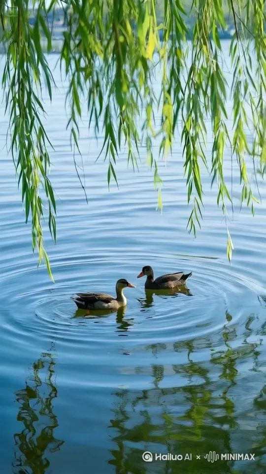 柳条随风摆动，鸭子游来游去，湖水泛着涟漪，反向词：动画、模糊、变形、毁容、低质量、拼贴、粒状、标志、抽象、插图、计算机生成、扭曲 by Hailuo AI Video Generator
