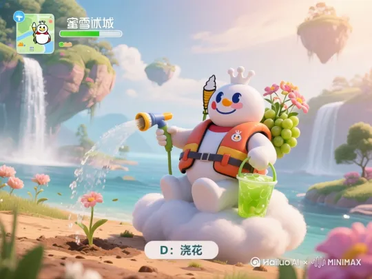 以这张图为首镜头，生成一个蜜雪冰城的雪王动画游戏多机位拍摄视频，轻松愉悦氛围，要求有8个连贯的分镜，分镜脚本结构为：景别，视角，运镜，画面内容，镜头切换固定硬切 by Hailuo AI Video Generator
