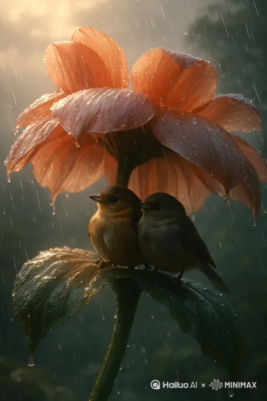 两只鸟在嬉戏玩耍  花和叶子在舞动 雨水在花和叶子上面流动 [左右缓慢摇] by Hailuo AI Video Generator
