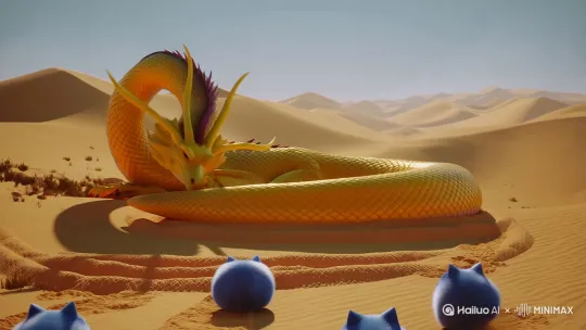 一群蓝色的胖猫在沙漠上与黄色的奶龙大战 by Hailuo AI Video Generator