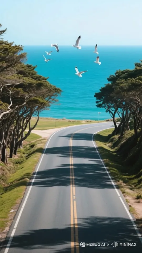 军舰飞驰海浪滔天，涌上甲板，掀起巨浪溅起水花，海浪翻滚涌向岸边，沿海公路两边林荫密布，大树枝叶随风摇曳多姿多彩，小汽车公路上飞驰 by Hailuo AI Video Generator