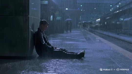 暴雨倾盆的站台，他缩在角落看雨水冲刷世界。其他人都有人撑伞来接，而他的伞孤零零躺在家里。雨水混着泪水滑过脸颊，他忽然发现，原来孤独是连悲伤都要偷偷藏起的模样。 by Hailuo AI Video Generator