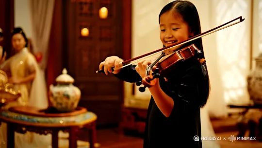 一位民国少女，在拉小提琴《梁祝》，全心沉浸在乐曲中。 by Hailuo AI Video Generator
