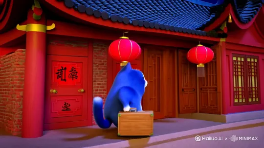 一只蓝色胖猫来到了移动中式红砖头房面前，砖头房的门前有对联，黑瓦片房顶上挂着灯笼，蓝色胖猫手里面拿着一个木头做的行李箱，表情很高兴，眼睛里面有感动的泪珠，天空是晚上，上面有很多烟花 by Hailuo AI Video Generator