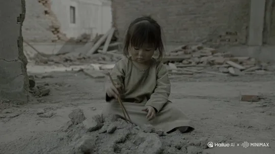 画一个小女孩拿筷子夹水泥吃 by Hailuo AI Video Generator