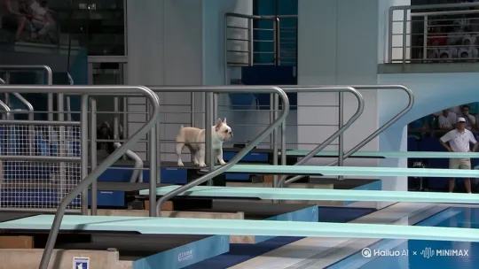 [拉远]一只法国斗牛犬站在游泳馆的跳台，像跳水运动员一样标准的360度空中旋转，跳入水中溅起水花，[下摇]很多看台很多观众，跳水比赛现场 by Hailuo AI Video Generator