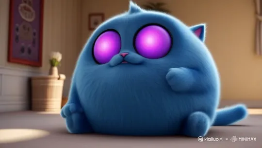 一一只蓝色的猫眼球是紫色的，并且很胖，并且他还说他要吃麦当劳，然后突然外卖给他送过来了一个麦当劳套餐，麦当劳套餐的袋子上写上M by Hailuo AI Video Generator