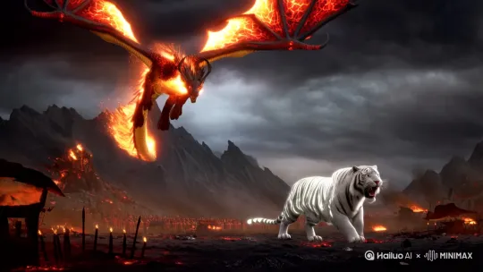 神魔战场（右移，下降）火龙空中冲下，与地面白虎缠斗，巨大光球爆开（推进） by Hailuo AI Video Generator