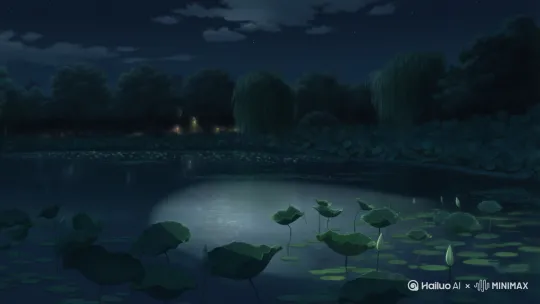. **月色与荷塘的交融(光影变幻的极致描绘):**
* **月光如水:** “月光如流水一般,静静地泻在这一片叶子和花上。薄薄的青雾浮起在荷塘里。叶子和花仿佛在牛乳中洗过一样;又像笼着轻纱的梦。”
* **光影交织:** “虽然是满月,天上却有一层淡淡的云,所以不能朗照;但我以为这恰是到了好处——酣眠固不可少,小睡也别有风味的。月光是隔了树照过来的,高处丛生的灌木,落下参差的斑驳的黑影,峭楞楞如鬼一般;弯弯的杨柳的稀疏的倩影,却又像是画在荷叶上。”
* **明暗对比:** “塘中的月色并不均匀;但光与影有着和谐的旋律,如梵婀玲上奏着的名曲。”(再次运用通感)
4. **树影、蝉声与蛙鸣的衬托:**
* “荷塘的四面,远远近近,高高低低都是树,而杨柳最多。这些树将一片荷塘重重围住;只在小路一旁,漏着几段空隙,像是特为月光留下的。”
* “树缝里也漏着一两点路灯光,没精打采的,是渴睡人的眼。这时候最热闹的,要数树上的蝉声与水里的蛙声;但热闹是它们的,我什么也没有。”(以动衬静,点出内心深处的孤寂 by Hailuo AI Video Generator