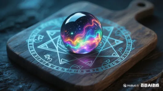 生成人切这颗魔法宝石的视频，切开时符文闪烁，仿佛要诉说古老的秘密，镜头中只需出现手和刀。刀有些陈旧，但依旧锋利，刀柄缠着褪色皮革，纹理间似藏着古老咒文，刀身泛着类似图中的魔法光芒。切下去后，切下去的部分倒在砧板上发出清脆的声响 by Hailuo AI Video Generator