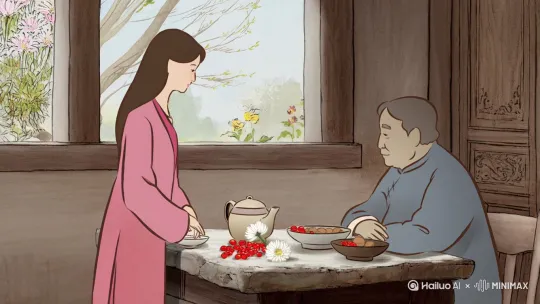 |**序号**|**文案（字幕）**|**画面风格**|**人物设定**|**动作/场景细节**|
|---|---|---|---|---|
|**1**|枸杞搭菊花，眼睛亮得像星星|张大千水墨画风格|20岁古代女子（粉色汉服）|- 庭院石桌旁拿枸杞、菊花入茶壶<br>- 背景：微风拂动花卉|
|**2**|枸杞配桂圆，精神头一下就来了|齐白石水墨画风格|30岁古代男子（蓝色汉服）|- 书房书桌前将枸杞、桂圆入碗<br>- 背景：窗外树枝晃动|
|**3**|枸杞加核桃，脑袋转得比风快|张大千水墨画风格|50岁古代老者（灰色汉服）|- 花园亭子中拿起枸杞、核桃<br>- 背景：花瓣随风飘落|
|**4**|枸杞和红枣，脸蛋红得像苹果|齐白石水墨画风格|15岁古代少女（淡紫汉服）|- 小院弯腰捡枸杞、红枣<br>- 背景：篱笆藤蔓轻晃|
|**5**|枸杞拌芝麻，头发黑得像墨汁|张大千水墨画风格|40岁古代妇人（褐色汉服）|- 厨房案板混合搅拌枸杞、芝麻<br>- 背景：烟囱炊烟袅袅|
|**6**|枸杞煮银耳，皮肤嫩得像豆腐|齐白石水墨画风格|30岁古代男子（白色汉服）|- 灶台前往锅中加枸杞、银耳<br>- 背景：蒸汽缓缓上升| by Hailuo AI Video Generator