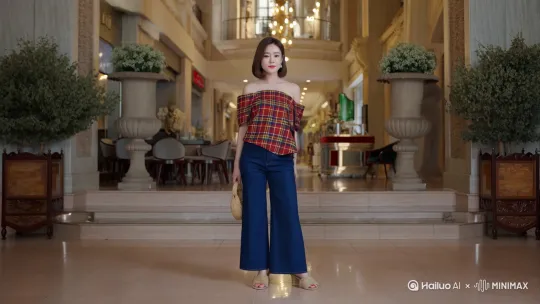 真实感照片，30岁中国美女，精致齐肩短发，身穿红黄蓝格纹不规则吊带上衣，丰满窈窕，性感迷人，深蓝色牛仔宽松阔腿拖地长裤，复古草编低跟凉鞋，戴精细耳钉，手里拿着一只藤编小包，正在一间地中海装修风格的酒店大堂内。 by Hailuo AI Video Generator