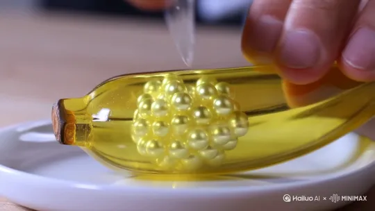 手拿一把到切黄色的玻璃香蕉，声音清脆，解压，一片一片切开，中间弹出白色的珍珠，掉落碟子上。 by Hailuo AI Video Generator