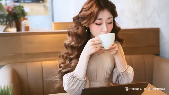 在一家时尚咖啡店，桌上摆放着电脑和咖啡，长头发波浪，女孩米色长裙甜美风格，喝咖啡，高分辨率，高质量，超高清，8k by Hailuo AI Video Generator