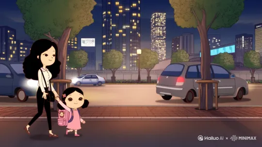 分镜一：
 
- AI绘画提示词：中国现代都市，成都，夜晚，一个中年女性，35岁，她容貌出众，有着黑色的长卷发，肤白貌美且五官精致。上身穿着公司统一的白色衬衫，下身搭配黑色直筒裤，脚穿黑色皮鞋，背着黑色的小皮包。旁边有一个可爱的小女孩，黑色头发微微卷翘，大大的眼睛，穿着粉红色的公主裙，背着迪士尼公主小书包。小女孩和妈妈手牵手欢快地走在街道旁边的人行道上，背景是成都营门口的高楼大厦，街道上车辆往来穿梭。呈现治愈系列动漫插画风格，整体氛围轻松愉快、温馨 ，色调柔和，具有国漫绘画风格，采用厚涂技法。画面中妈妈和小女孩路过一个正在售卖家乡特色小吃的摊位，小吃散发着热气，妈妈和小女孩停下脚步，眼神中透露出一丝怀念。
- 动态提示词：妈妈和小女孩脚步轻快，路过小吃摊时先是一愣，然后同时转头看向小吃摊，脸上露出回忆的神情。
 
分镜二：
 
- AI绘画提示词：中国现代都市，成都，家中，一个中年女性，35岁，她换上了宽松的灰色短袖，下身穿着黑色运动短裤，脚穿拖鞋。旁边的小女孩也换上了可爱的家居服。两人坐在温馨的客厅里，面前放着刚刚买的家乡特色小吃。背后是布置温馨的客厅，有柔软的沙发、暖黄色的灯光。呈现治愈系列动漫插画风格，整体氛围轻松愉快、温馨 ，色调柔和，具有国漫绘画风格，采用厚涂技法。妈妈拿起小吃，轻轻咬一口，露出满足的微笑，小女孩好奇地看着妈妈。
- 动态提示词：妈妈和小女孩坐在沙发上，妈妈缓缓拿起小吃放入口中，脸上逐渐浮现出满足的表情，小女孩歪着头，眼睛一眨不眨地看着妈妈。
 
分镜三：
 
- AI绘画提示词：中国现代都市，成都，卧室里，夜晚，一个中年女性，35岁，身着粉色卡通图案睡衣。小女孩也穿着可爱的睡衣。两人躺在床上，妈妈轻轻搂着小女孩。卧室布置温馨，有粉色的窗帘，柔和的月光透过窗户洒在床边。呈现治愈系列动漫插画风格，整体氛围轻松愉快、温馨 ，色调柔和，具有国漫绘画风格，采用厚涂技法。妈妈轻声给小女孩讲述着家乡的故事，小女孩听着听着慢慢闭上眼睛，嘴角带着甜甜的微笑。
- 动态提示词：妈妈和小女孩躺在床上，妈妈温柔地搂着小女孩，轻声诉说，小女孩的眼皮慢慢耷拉下来，脸上挂着甜甜的笑容，逐渐进入梦乡。 by Hailuo AI Video Generator