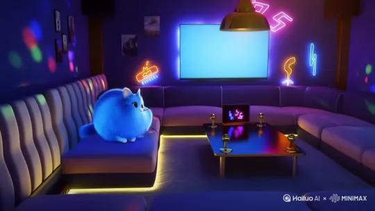 画一只蓝猫让它在KTV里蹦蹦跳跳 by Hailuo AI Video Generator