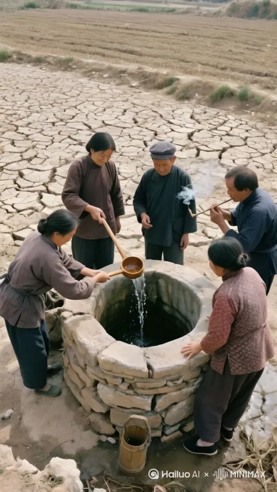 超多的大红色锦鲤像喷泉一样从井里喷出来，溅起大片的水花，人们惊叫着，形态各异，纷纷在欢快捉鱼 by Hailuo AI Video Generator