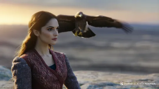 The camera raises into the air and tilts down revealing a high angle shot of a beautiful female falconer with striking features, lifting her arm as a majestic eagle descends from the sky and lands gracefully on her forearm. In the style of cinematic realism, golden hour lighting, shallow depth of field, detailed textures on feathers and fabric. by Hailuo AI Video Generator