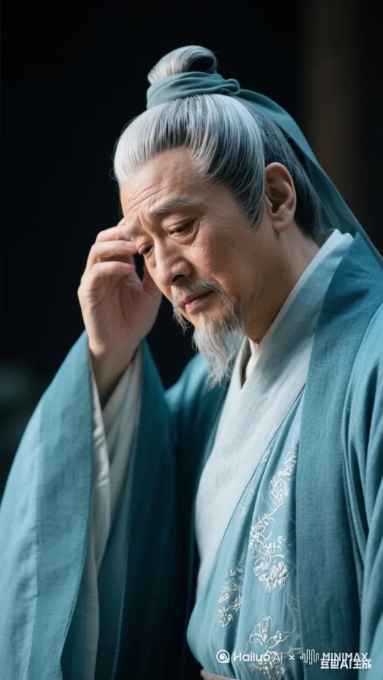 帮我生成图片：景别：近景
画面：中年苏轼轻抚自己的白发，眼神中满是对时光流逝的惋惜，微微叹气。
AI提示词：真人实景，宋朝男子近景轻抚白发，眼神惋惜，青色长袍，纶巾。比例 9:16。 by Hailuo AI Video Generator