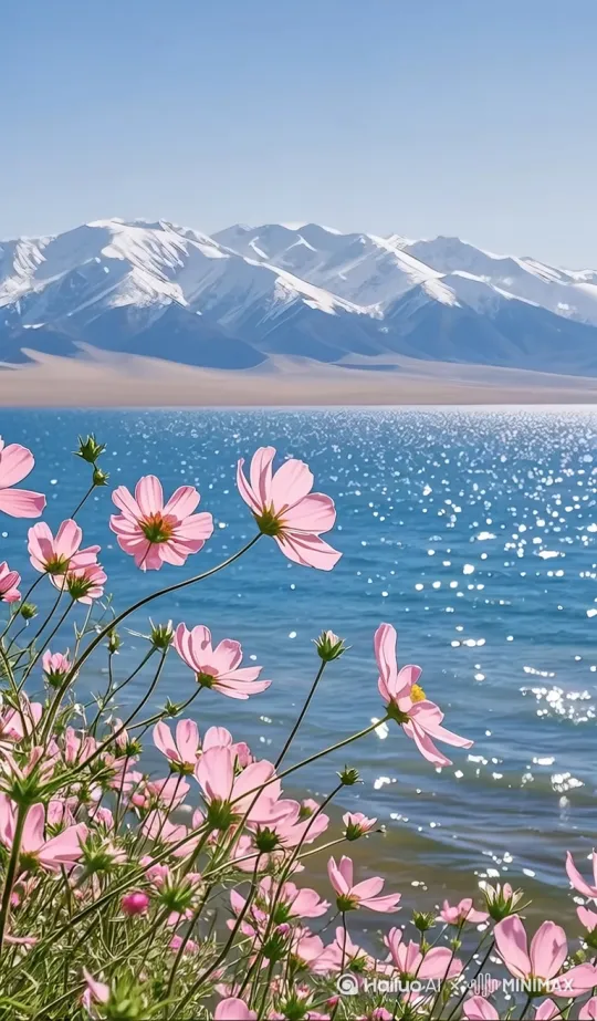 鲜花随风摇动，海水波光粼粼 by Hailuo AI Video Generator