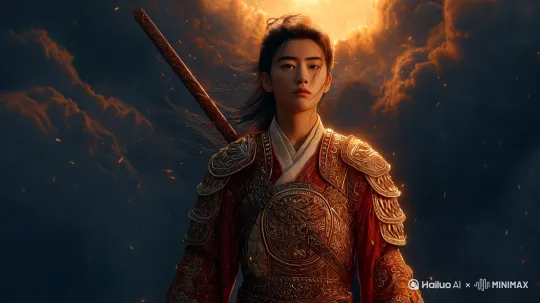 [左移,推进,右摇]展现一个拿着兵器的女战士，高对比度强化人物面部轮廓，神话电影，电影感光线头顶的金色漩涡在女人头顶旋转，女人挥舞长枪，镜头拉远，，画面呈现出女人的力量感和强大 by Hailuo AI Video Generator