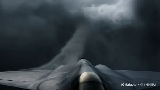 昏暗的阴天里，雷雨交加，突然一架歼20突破云层，并发射一颗导弹 by Hailuo AI Video Generator