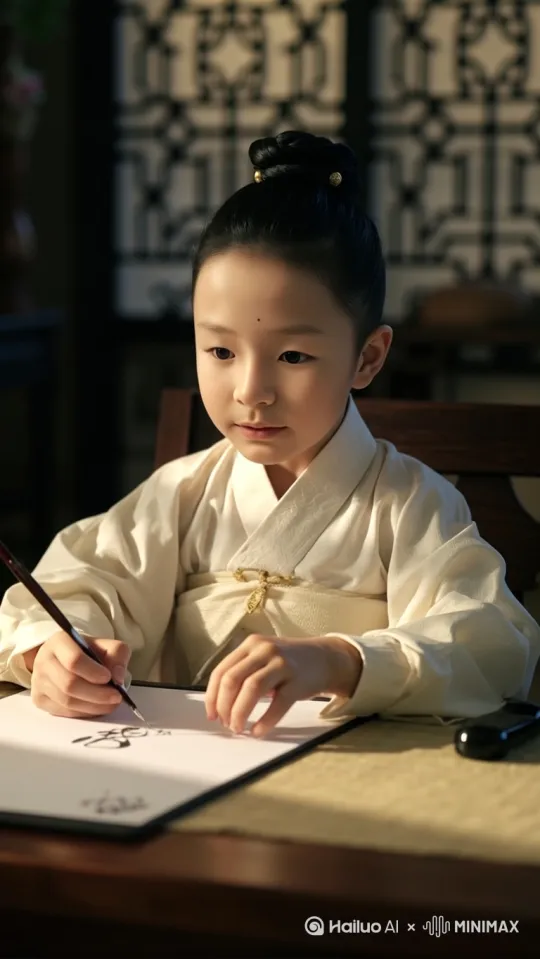 孩子正在桌子的白色纸张上默写诗词，嘴里背着：独在异乡为异客，每逢佳节倍思亲。遥知兄弟登高处，遍插茱萸少一人。[下降,上摇] by Hailuo AI Video Generator