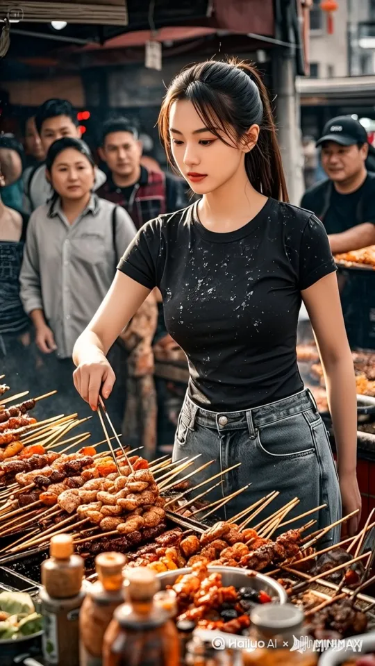 美女宛如功夫高手降临。只见美女快速高高跃起，在空中急速翻转，同时以排山倒海之势快速向肉串疯狂洒盐，肉串瞬间如五彩的流星在烤炉的上空极速快速的翻滚跳跃。烤炉上火光四溅。周围围满了前来参加喜宴的村民，男女老少都瞪大了眼睛，满脸惊叹，有的张大嘴巴，有的不禁拍手叫好。 by Hailuo AI Video Generator