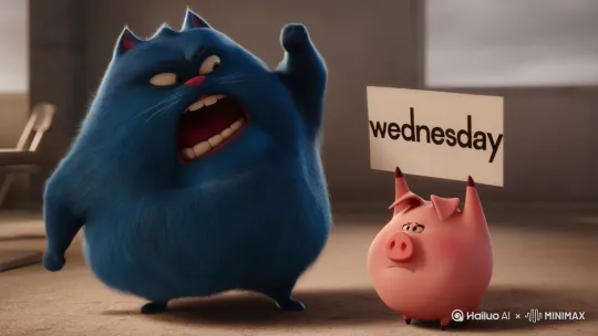 一只蓝色的胖猫在骂一只手上举着"wednesday″牌子的猪。 by Hailuo AI Video Generator