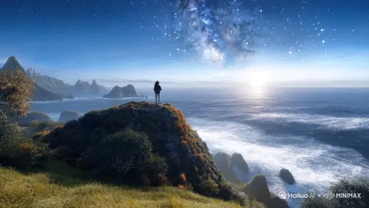 站在高高的碣石山上，我举目远眺，视野尽头是辽阔无垠的大海。海水波涛汹涌，仿佛与天地相连；山岛巍峨耸立，增添了大海的壮阔。四周树木葱郁，百草丰茂，生机勃勃。秋风掠过，草木摇曳，海浪翻腾。我仰望天空，太阳和月亮似乎从大海中升起，星光灿烂的银河也仿佛从大海中涌现。此刻的我，深感幸运，唯有高歌一曲，才能表达我心中的豪情壮志。 by Hailuo AI Video Generator