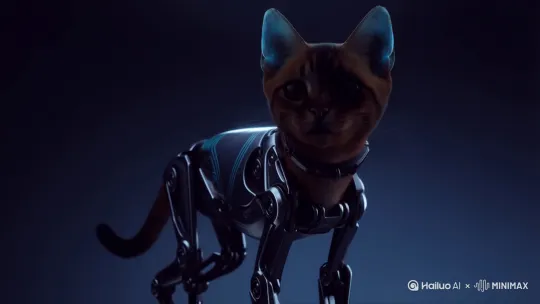 **赛博猫咪形象**：机械义肢、发光纹路、全息猫耳，搭配动态粒子特效，展现高科技改造的酷炫萌宠。 by Hailuo AI Video Generator