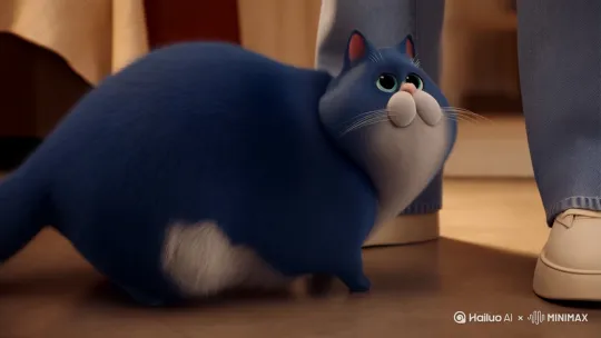 一个蓝色的胖猫眼睛要大，然后酮体偏圆形，肚子上有白色花纹，两个耳朵翘起来#### **场景二：跪地抱腿哭求**
> **镜头2（低角度仰拍）**  
> - **转场**：猫光速扑跪滑行（肚皮贴地刹出1米），抱住一条穿破洞牛仔裤的人类小腿  
> - **动作**：肉爪死死箍住脚踝，猫脸疯狂蹭裤腿，鼻涕眼泪糊成反光水痕（特效：泪珠喷溅+悬浮鼻涕泡）  
> - **哭戏**：仰头露出糊湿的腮毛，嘴型夸张嚎哭：“喵嗷——！”，耳朵飞机般贴头皮 by Hailuo AI Video Generator