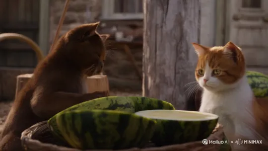 两只小猫摆摊买西瓜 by Hailuo AI Video Generator