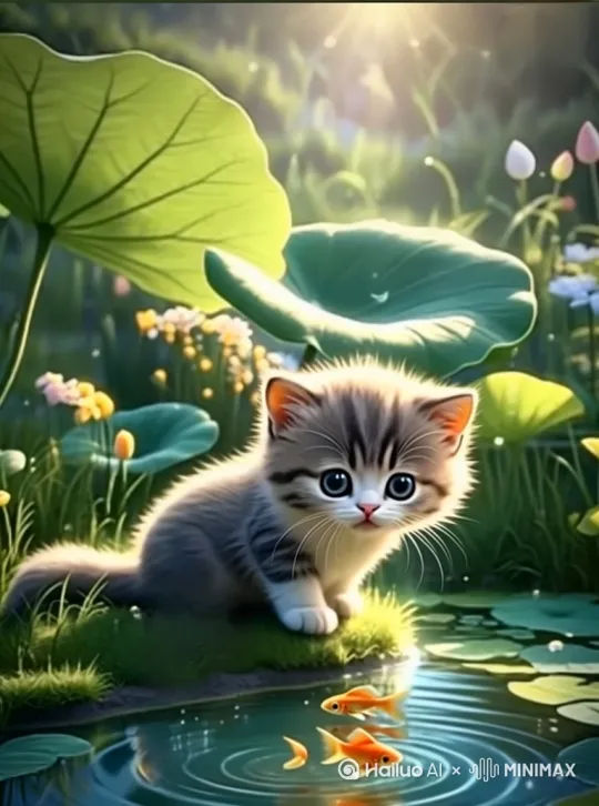 猫咪听猫妈妈的呼唤，依依不舍看眼前的魚儿，边向着妈妈的方向跑，边回看眼前的鱼儿，镜头运镜要从近头看着猫咪，镜头漫由近镜转回远镜俯视看猫咪向猫妈妈呼唤的方的跑。 by Hailuo AI Video Generator