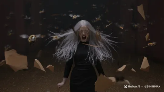 一只3个细长眼镜的银白色触手头发穿着黑色礼服的气质优雅的34岁老女人站在一群柯基头蜜蜂之间疯狂的咆哮，周围有很多飘在空中的陶片，最后柯基头的蜜蜂看了这位女士的眼睛都死了 by Hailuo AI Video Generator