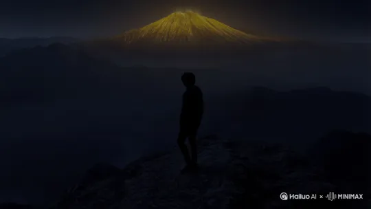 一个人站在一座山看对面的日黑金山 by Hailuo AI Video Generator